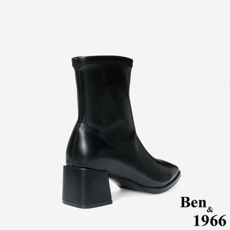 Ben&1966 高級彈力皮革時尚方頭粗跟短靴-黑(247061)