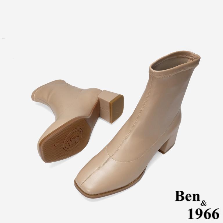 Ben&1966 高級彈力皮革時尚方頭粗跟短靴-杏(247062)