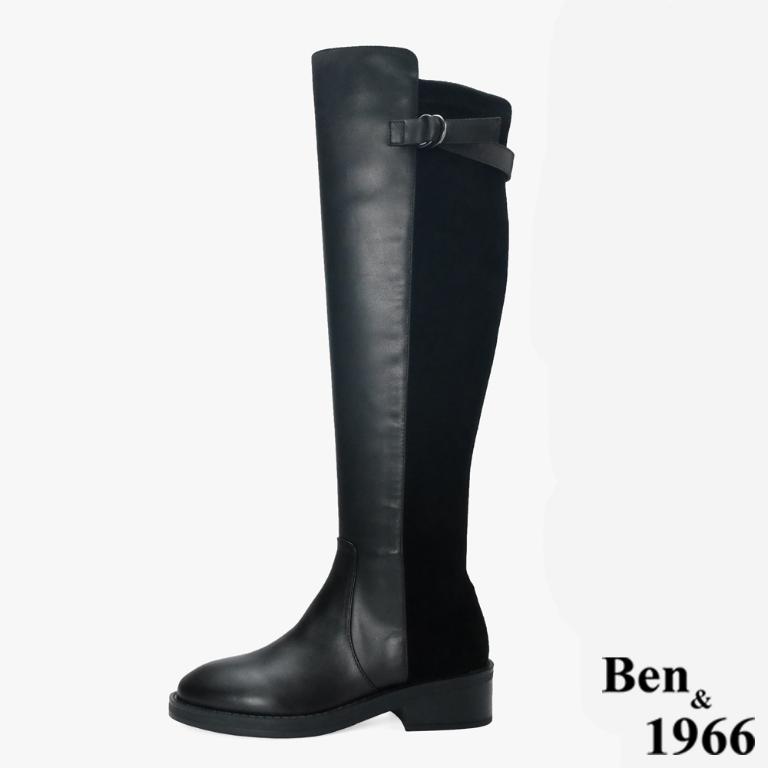 Ben&1966 高級牛皮拼接彈力布個性時尚長靴-黑(247501)