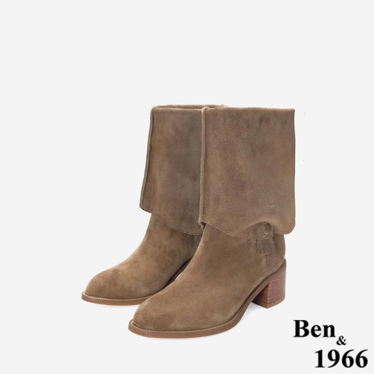 Ben&1966 高級牛皮時尚兩穿粗跟尖頭長靴-卡其(247142)