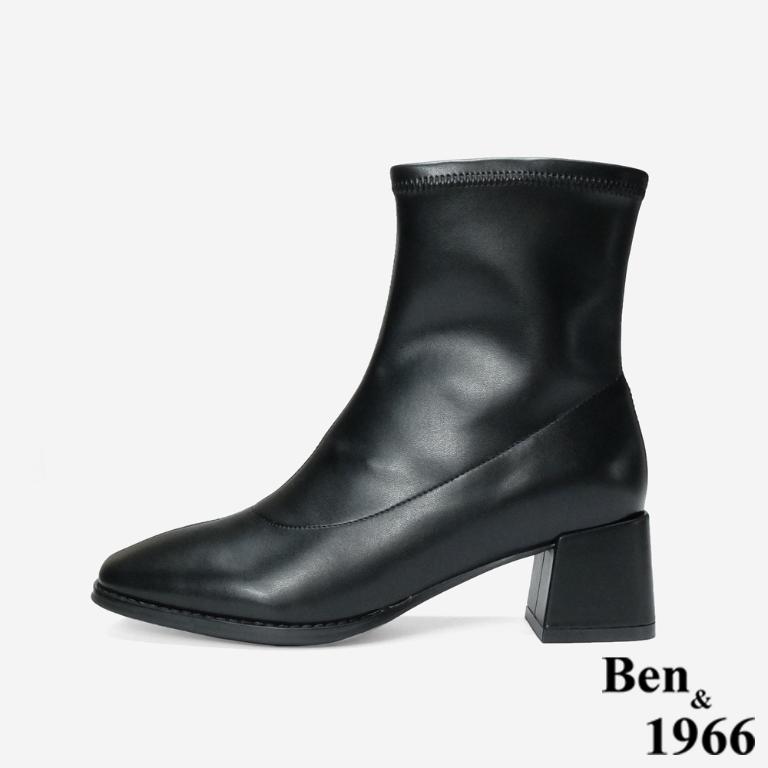Ben&1966 高級彈力皮革時尚方頭粗跟短靴-黑(247061)