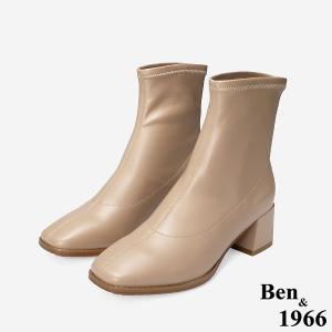 Ben&1966 高級彈力皮革時尚方頭粗跟短靴-杏(247062)