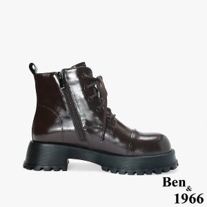 Ben&1966 高級牛油皮個性綁帶時尚短靴-咖啡(247092)