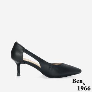Ben&1966 高級牛皮優雅側簍空尖頭高跟鞋-黑(248311)