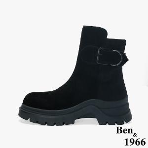 Ben&1966 高級牛皮拼接彈力絨布個性厚底短靴-黑(247211)