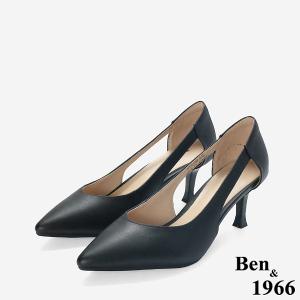Ben&1966 高級牛皮優雅側簍空尖頭高跟鞋-黑(248311)