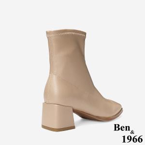 Ben&1966 高級彈力皮革時尚方頭粗跟短靴-杏(247062)