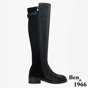 Ben&1966 高級牛皮拼接彈力布個性時尚長靴-黑(247501)