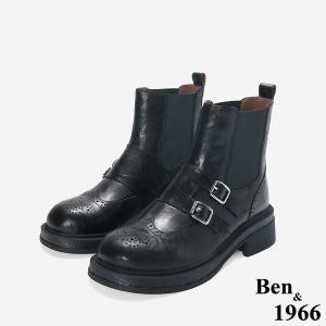 Ben&1966 高級植鞣羊皮沖孔造型短靴-黑(247191)