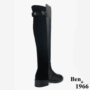 Ben&1966 高級牛皮拼接彈力布個性時尚長靴-黑(247501)