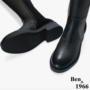 Ben&1966 高級牛皮拼接彈力布個性時尚長靴-黑(247501)