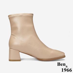 Ben&1966 高級彈力皮革時尚方頭粗跟短靴-杏(247062)