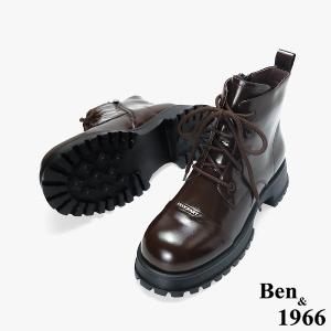 Ben&1966 高級牛油皮個性綁帶時尚短靴-咖啡(247092)