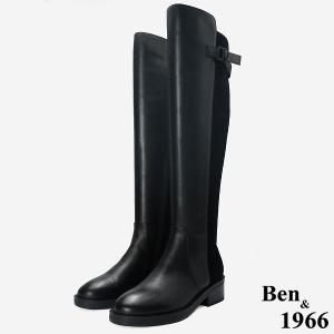 Ben&1966 高級牛皮拼接彈力布個性時尚長靴-黑(247501)