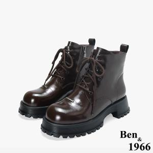 Ben&1966 高級牛油皮個性綁帶時尚短靴-咖啡(247092)