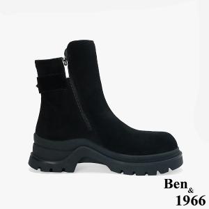 Ben&1966 高級牛皮拼接彈力絨布個性厚底短靴-黑(247211)