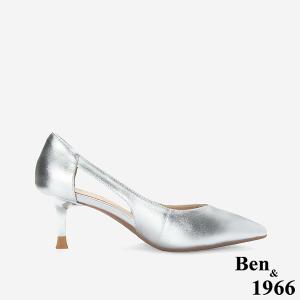 Ben&1966 高級牛皮優雅側簍空尖頭高跟鞋-銀(248312)