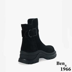 Ben&1966 高級牛皮拼接彈力絨布個性厚底短靴-黑(247211)