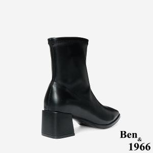 Ben&1966 高級彈力皮革時尚方頭粗跟短靴-黑(247061)