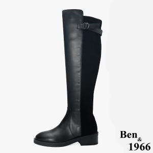 Ben&1966 高級牛皮拼接彈力布個性時尚長靴-黑(247501)