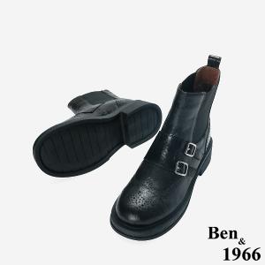 Ben&1966 高級植鞣羊皮沖孔造型短靴-黑(247191)