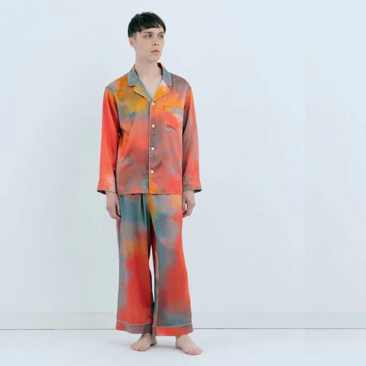 渡假風情款 水彩紋純蠶絲長袖長褲睡衣套裝_晚霞
