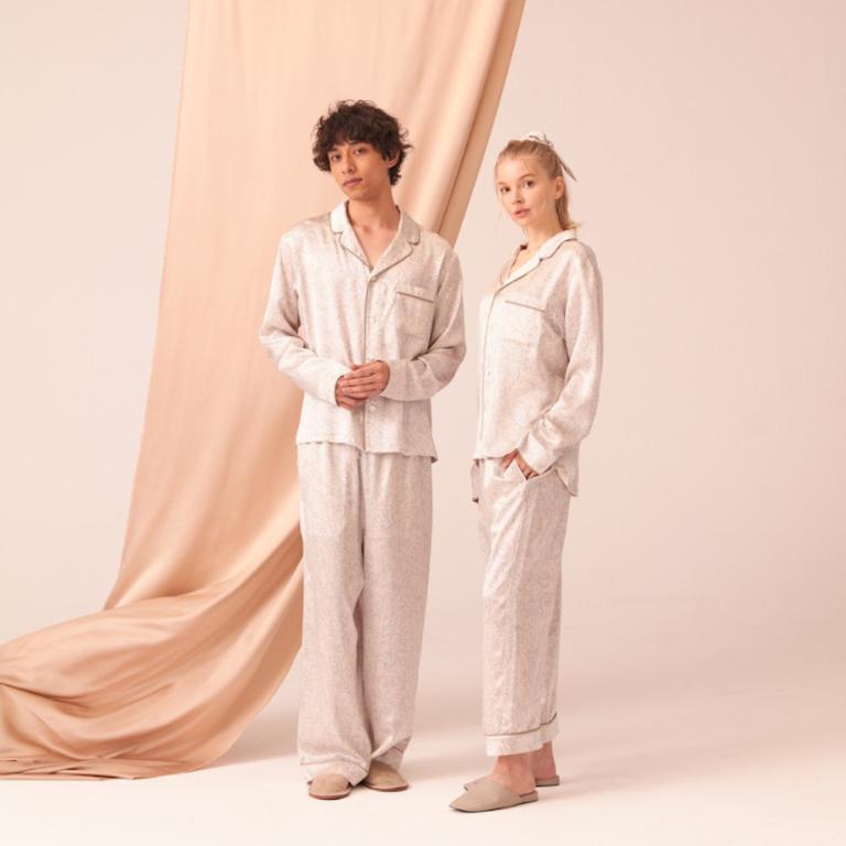 純蠶絲長袖長褲睡衣套裝_古典花飾