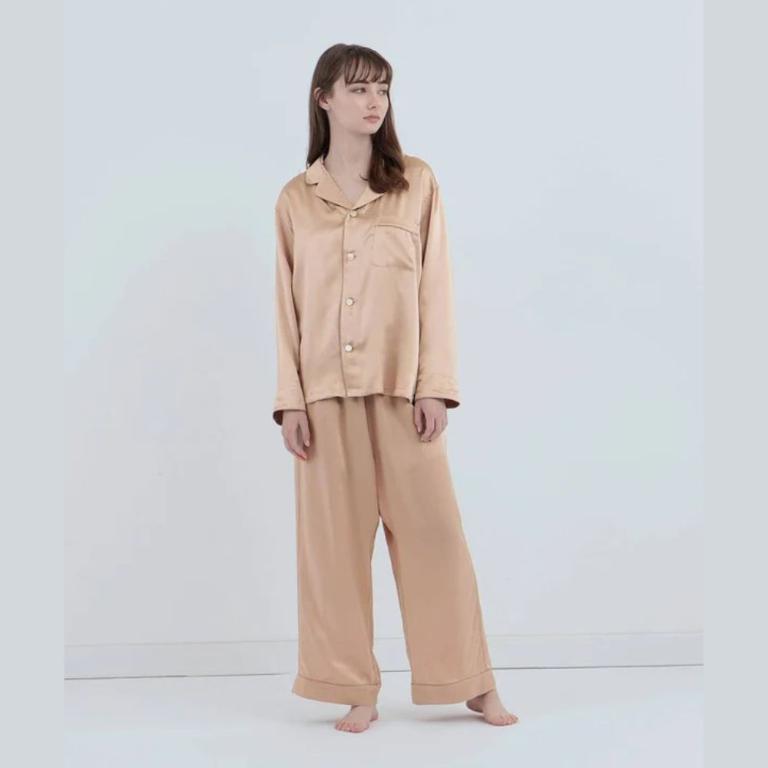 純蠶絲長袖長褲睡衣套裝_粉米色