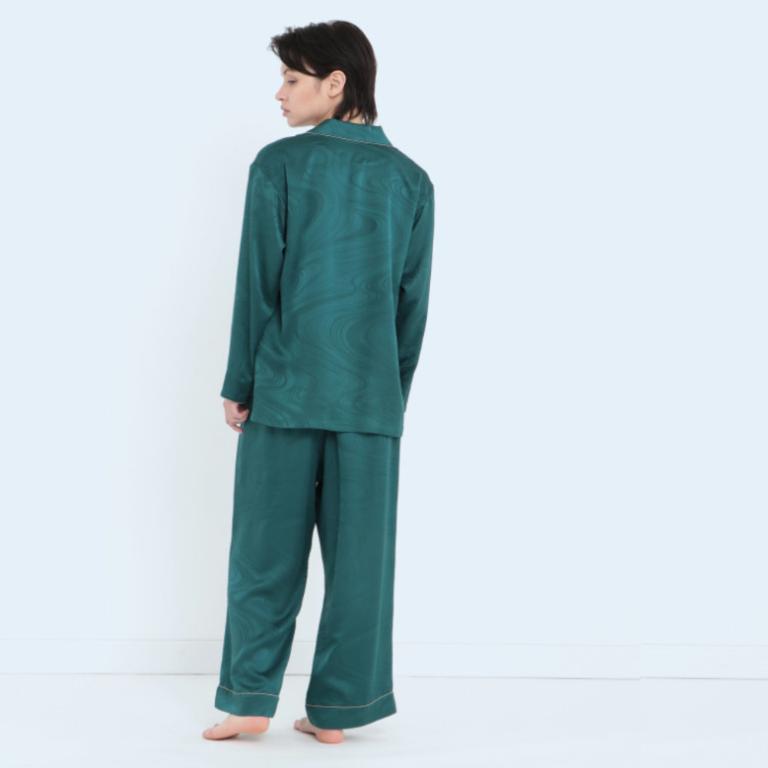 純蠶絲提花水紋長袖長褲睡衣套裝_水紋綠