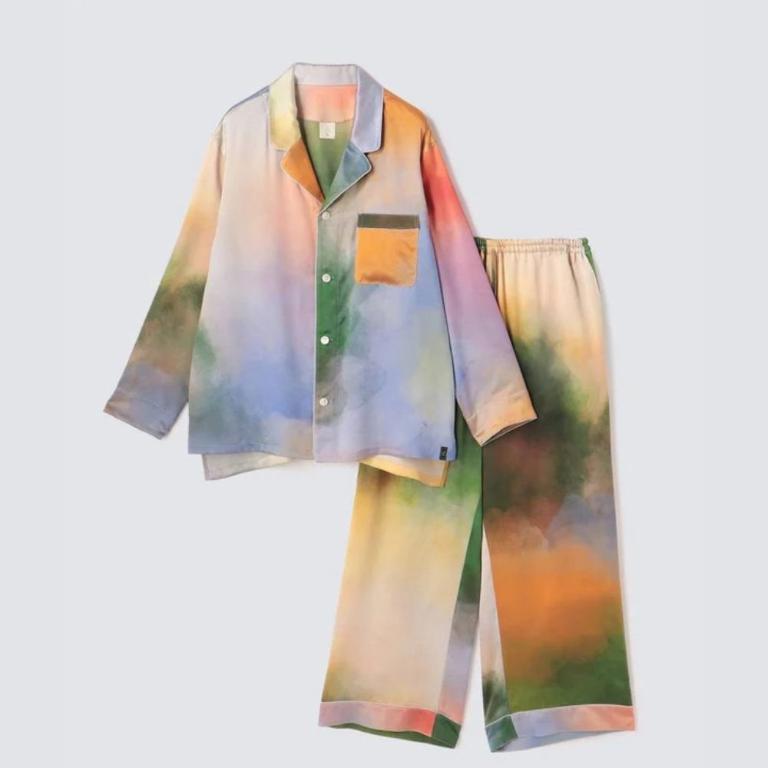 渡假風情款 水彩紋純蠶絲長袖長褲睡衣套裝_迷霧湖畔