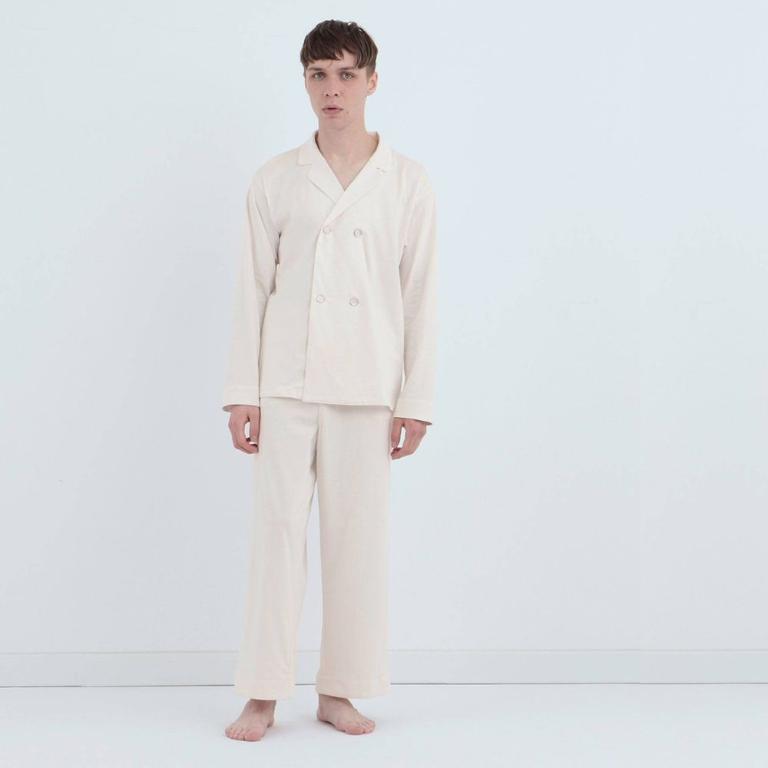 皇家有機純棉排釦 長袖長褲睡衣套裝_白色