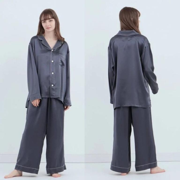 純蠶絲長袖長褲睡衣套裝_木碳灰