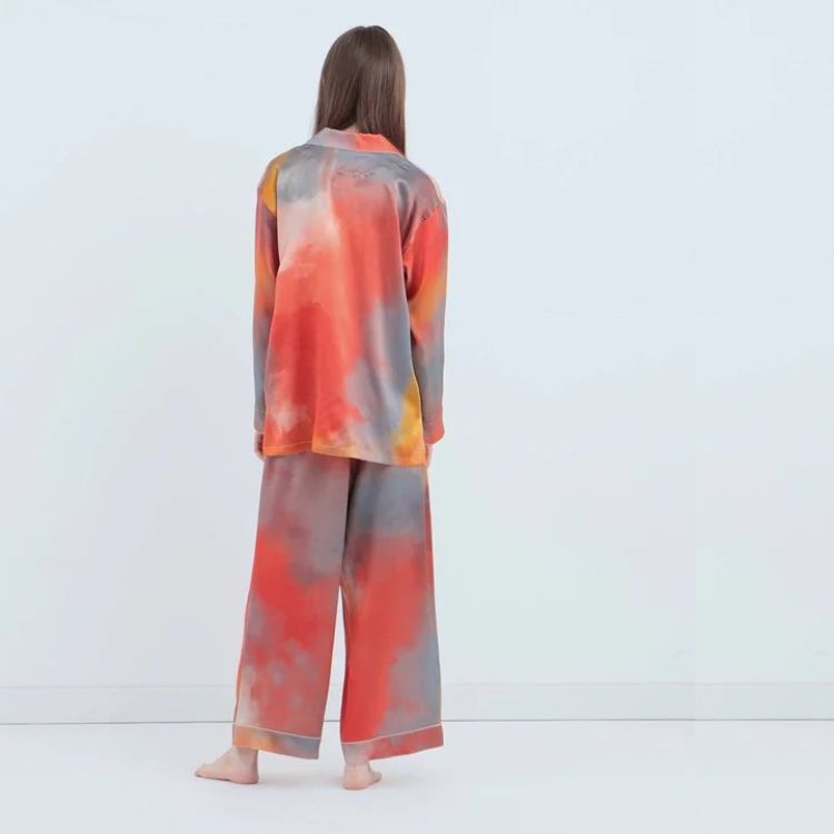 渡假風情款 水彩紋純蠶絲長袖長褲睡衣套裝_晚霞