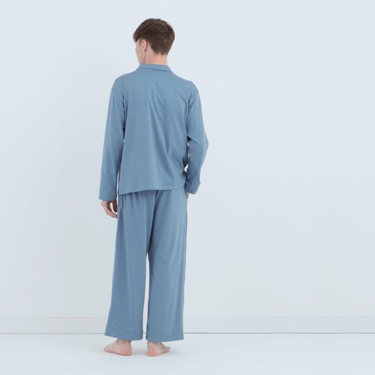 皇家有機純棉排釦 長袖長褲睡衣套裝_鈷藍色