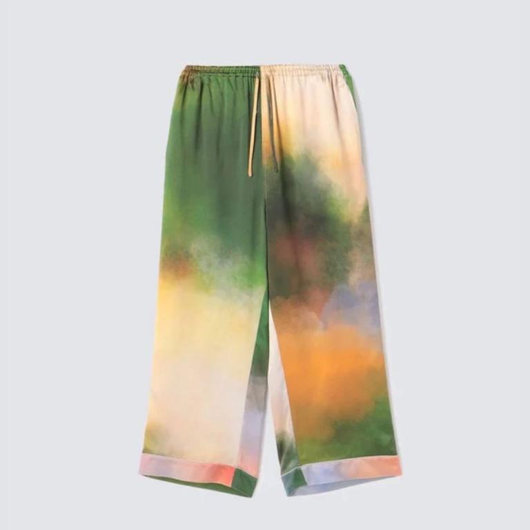 渡假風情款 水彩紋純蠶絲長袖長褲睡衣套裝_迷霧湖畔