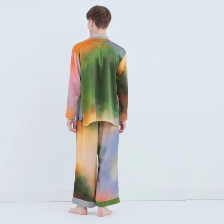 渡假風情款 水彩紋純蠶絲長袖長褲睡衣套裝_迷霧湖畔