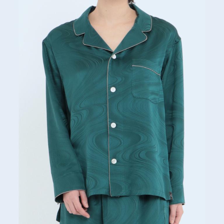 純蠶絲提花水紋長袖長褲睡衣套裝_水紋綠