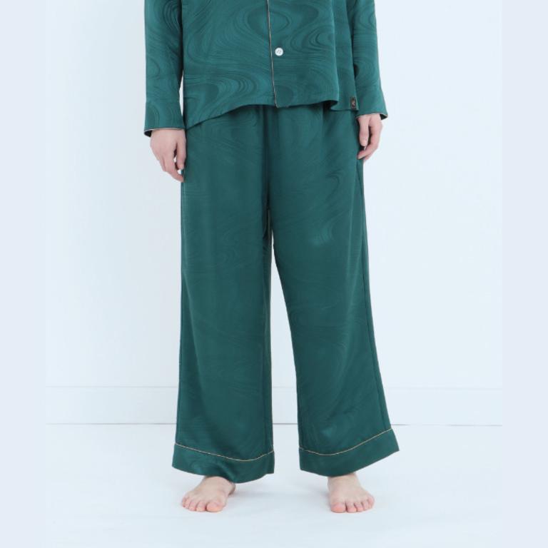 純蠶絲提花水紋長袖長褲睡衣套裝_水紋綠