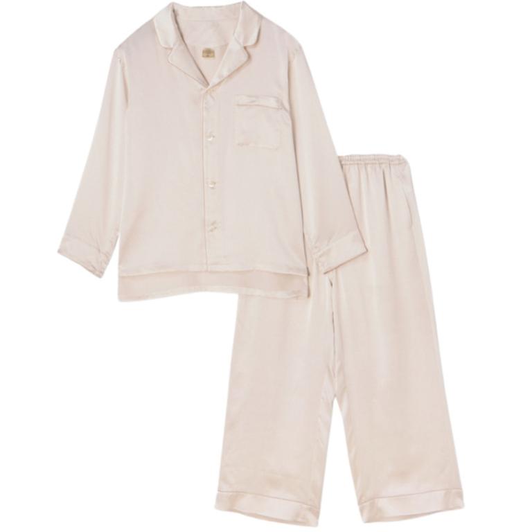 純蠶絲長袖長褲睡衣套裝_珍珠白