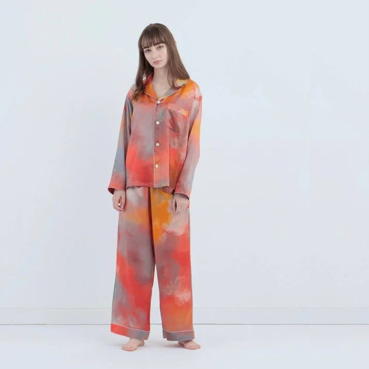 渡假風情款 水彩紋純蠶絲長袖長褲睡衣套裝_晚霞