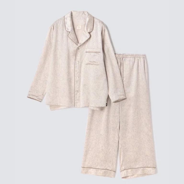 純蠶絲長袖長褲睡衣套裝_古典花飾