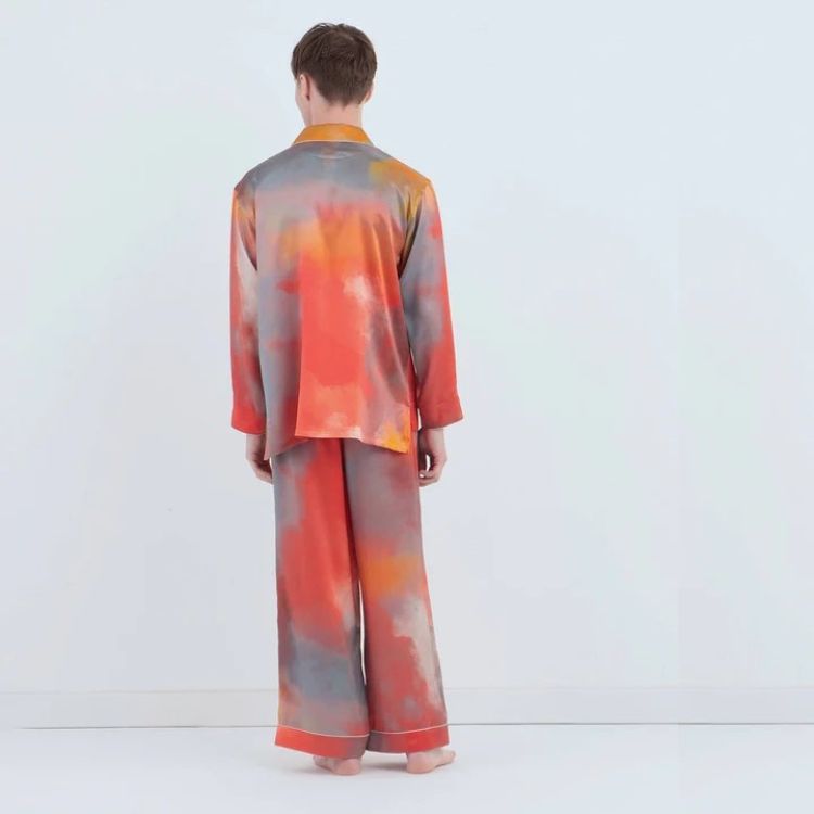 渡假風情款 水彩紋純蠶絲長袖長褲睡衣套裝_晚霞