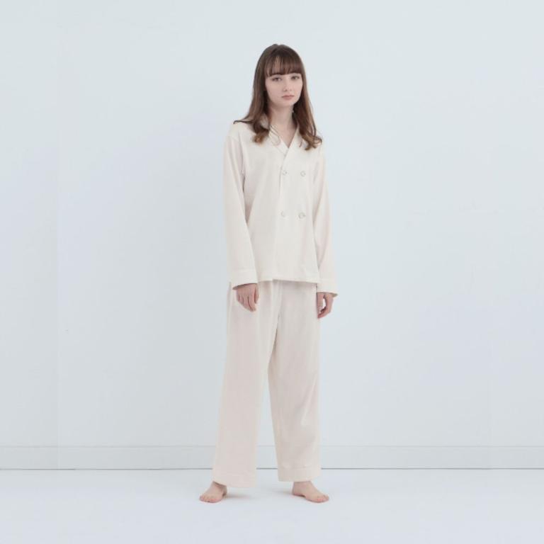 皇家有機純棉排釦 長袖長褲睡衣套裝_白色