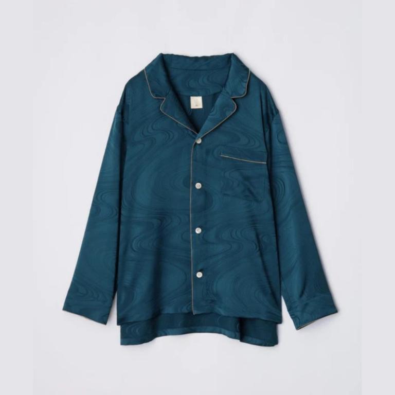 純蠶絲提花水紋長袖長褲睡衣套裝_水紋綠