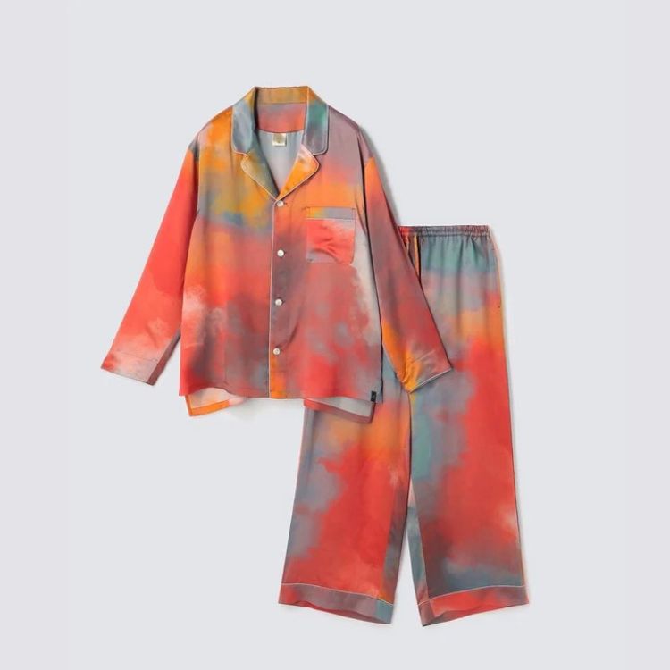 渡假風情款 水彩紋純蠶絲長袖長褲睡衣套裝_晚霞