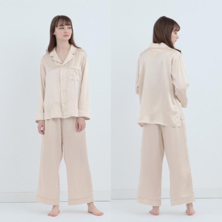 純蠶絲長袖長褲睡衣套裝_珍珠白