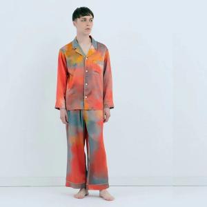 渡假風情款 水彩紋純蠶絲長袖長褲睡衣套裝_晚霞