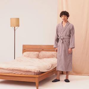 條紋綁帶純棉浴袍/男款_粉藕紫
