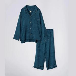 純蠶絲提花水紋長袖長褲睡衣套裝_水紋綠