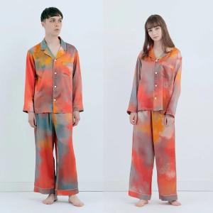 渡假風情款 水彩紋純蠶絲長袖長褲睡衣套裝_晚霞